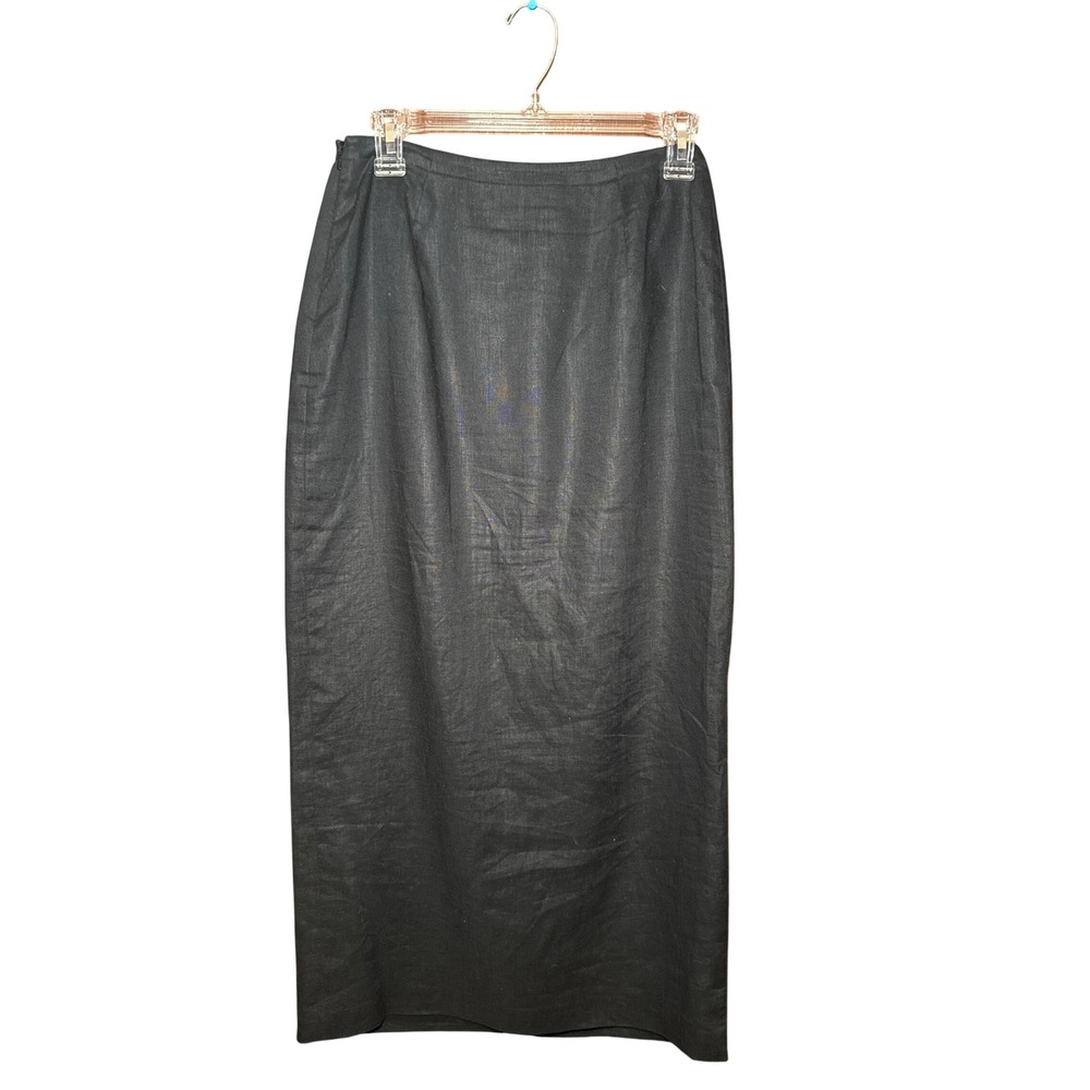 Parisian Signature Black 100% Linen Maxi Skirt Size 4 Faux Wrap Straight Pencil